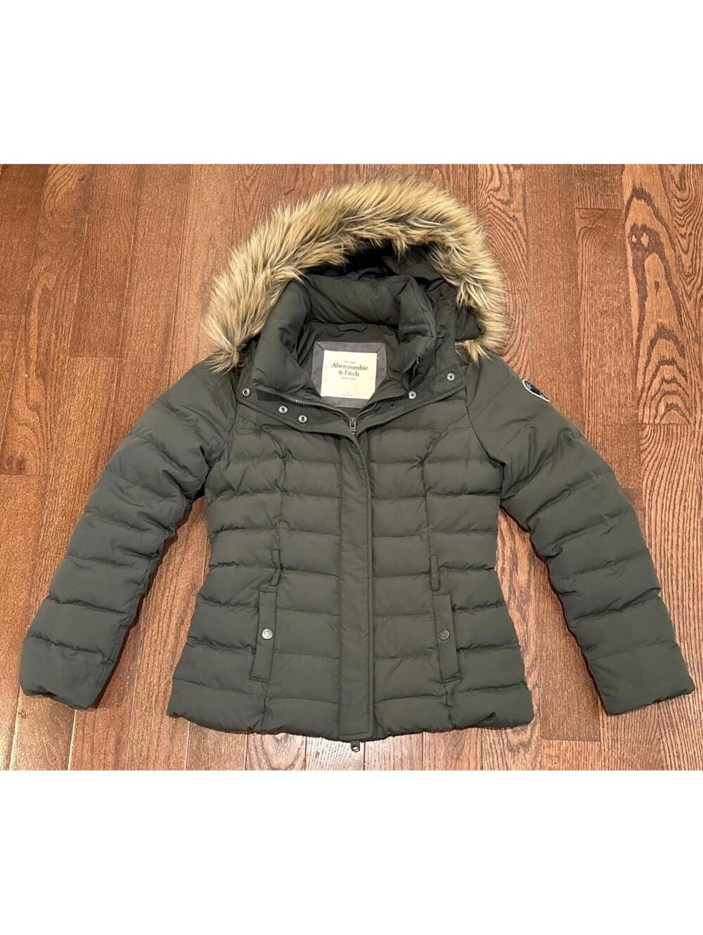 Abercrombie & Fitch Women's Puffer Jacket Green Faux Fur Hooded Coat Size Large
